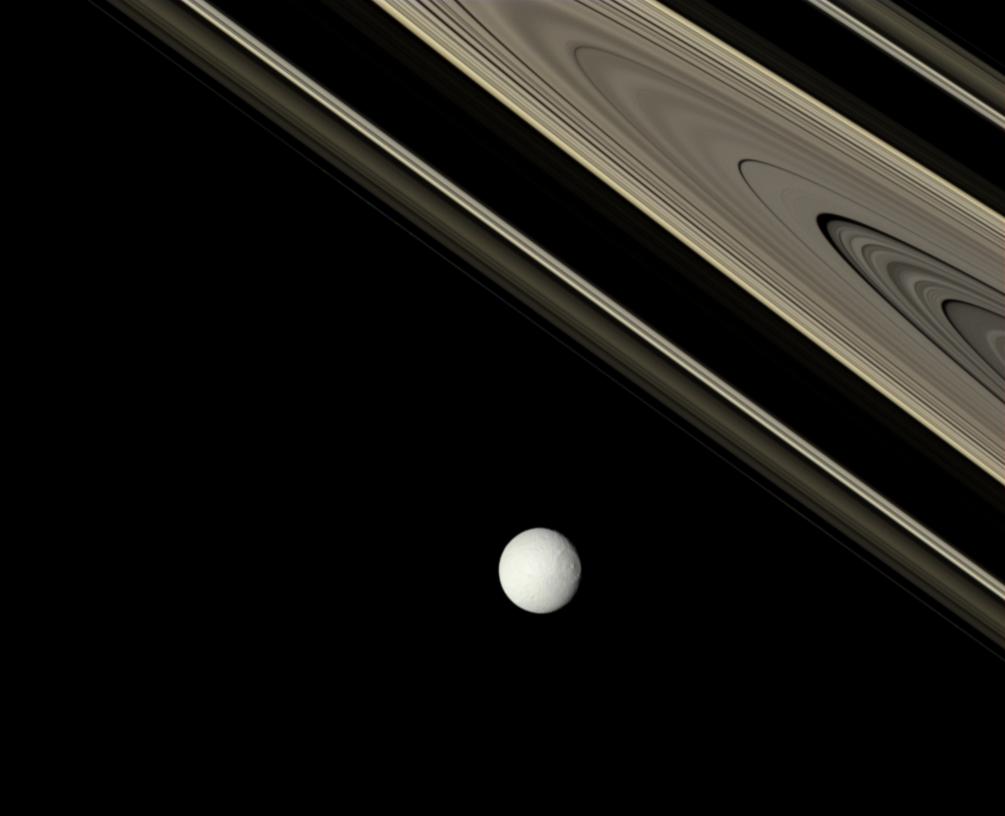 Saturn: Bright Tethys and Ancient Rings