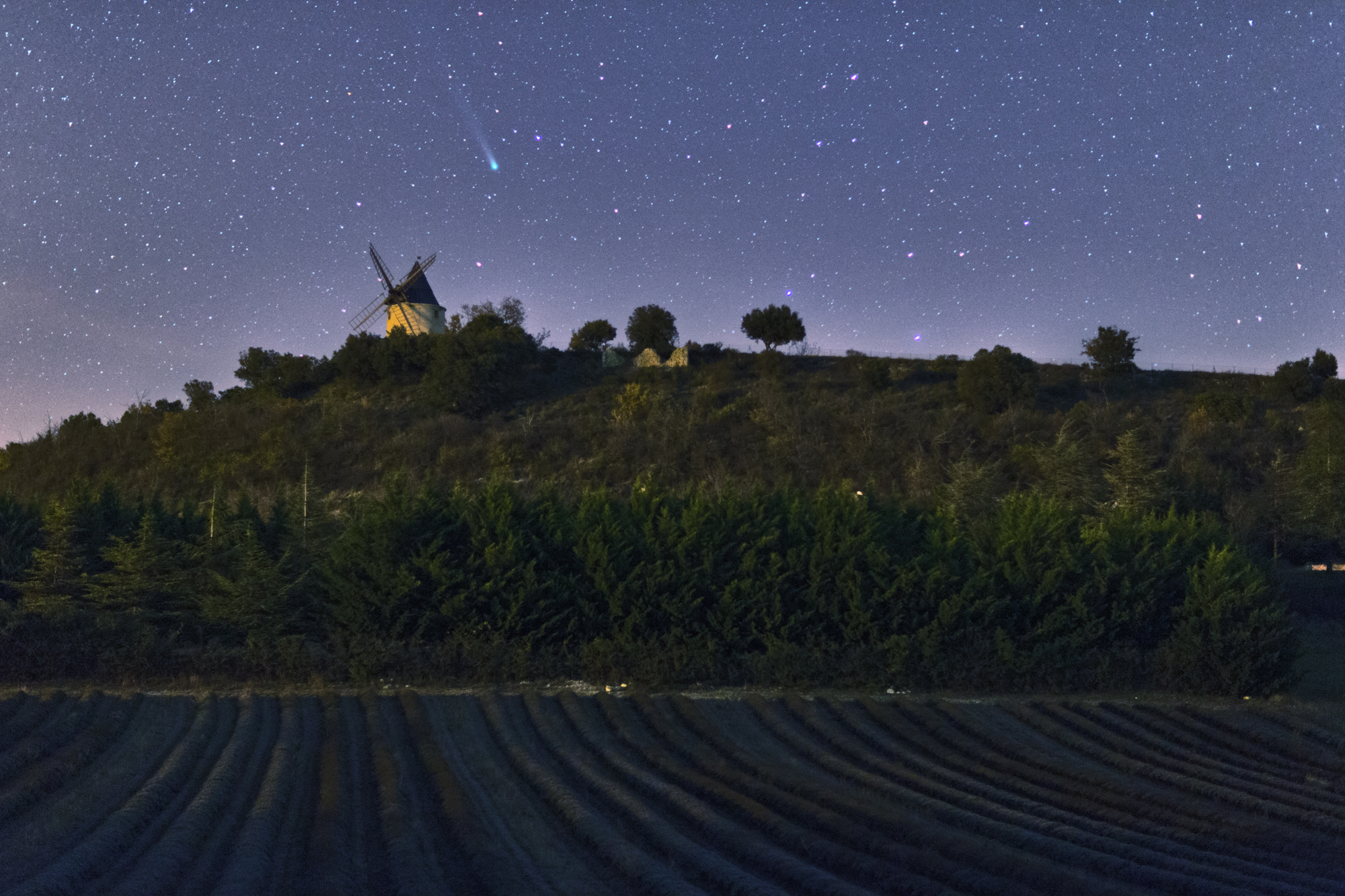 Comet Lovejoy Over a Windmill