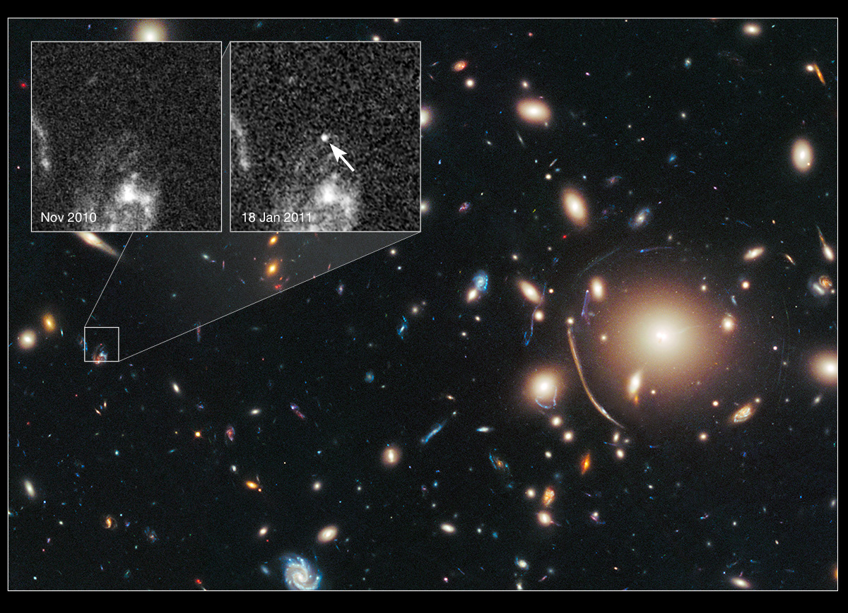 Galaxy Cluster Magnifies Distant Supernova