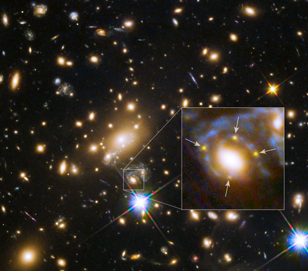 Galaxy and Cluster Create Four Images of Distant Supernova