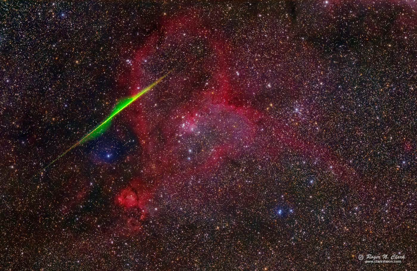 Spiral Meteor through the Heart Nebula