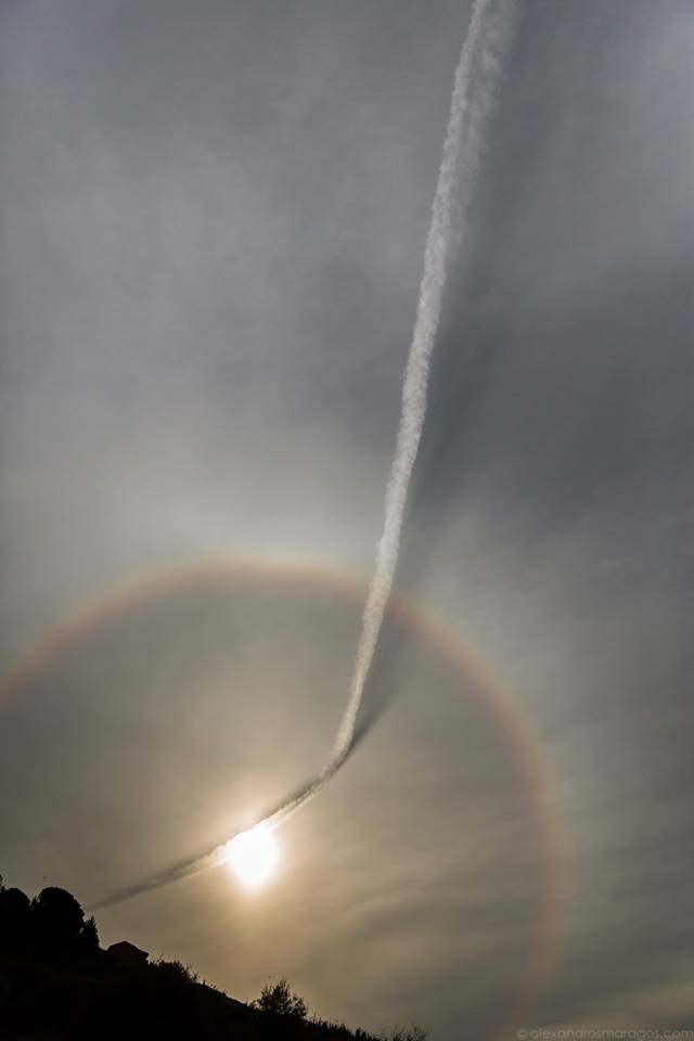 Plane Contrail and Sun Halo