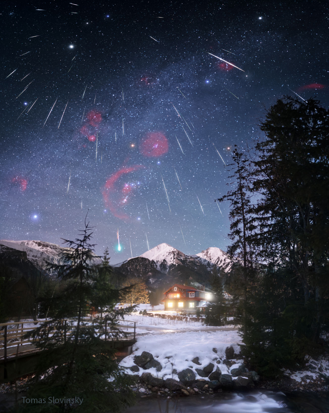 Gemini Meteors over Snow Capped Mountains
